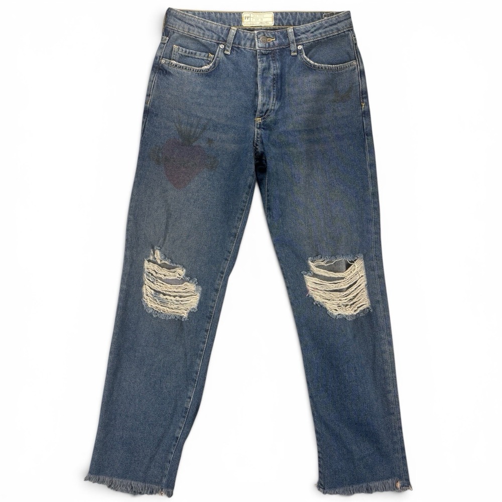Free People Tattooed Heart Jeans 25 Boyfriend Distressed Raw Hem Button Fly Boho